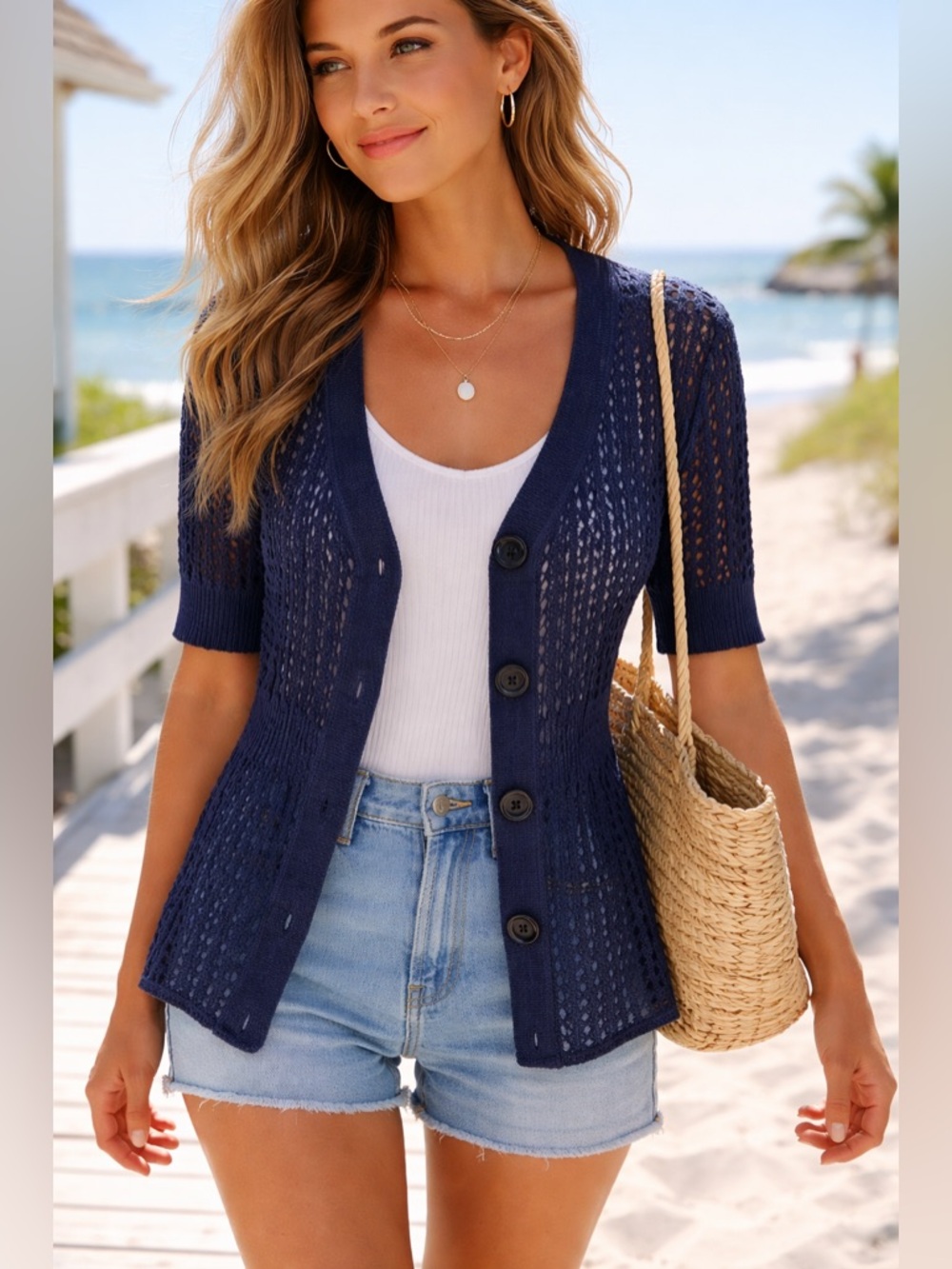 Forever 21 Coastal Navy Short-Sleeve Button Open Knit Cardigan Sweater Size M
